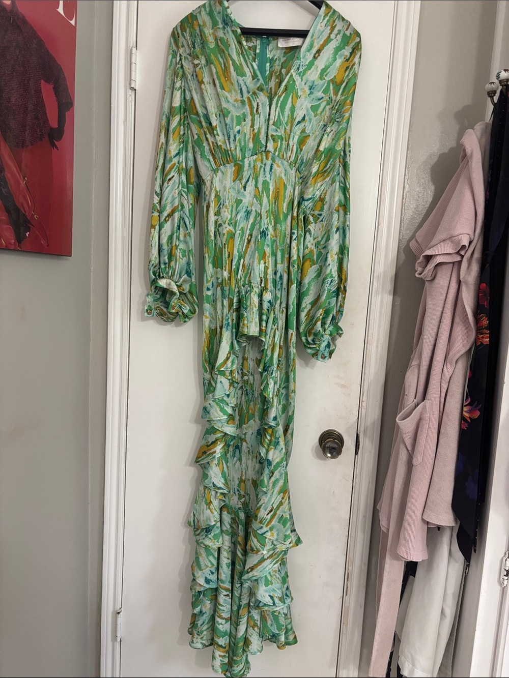 Bronx and Banco Green and Yellow Watercolor Print Long Sleeve Maxi Dress